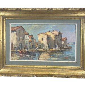 Signed &quot;TM&quot; Oil Painting of Italian/South France Seaside Town Scene c 1950s-60s