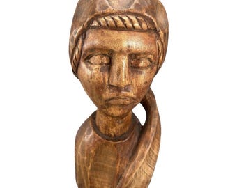 Vintage Caribbean Hand carved Wooden Woman Bust Sculpture with Scarf 11"
