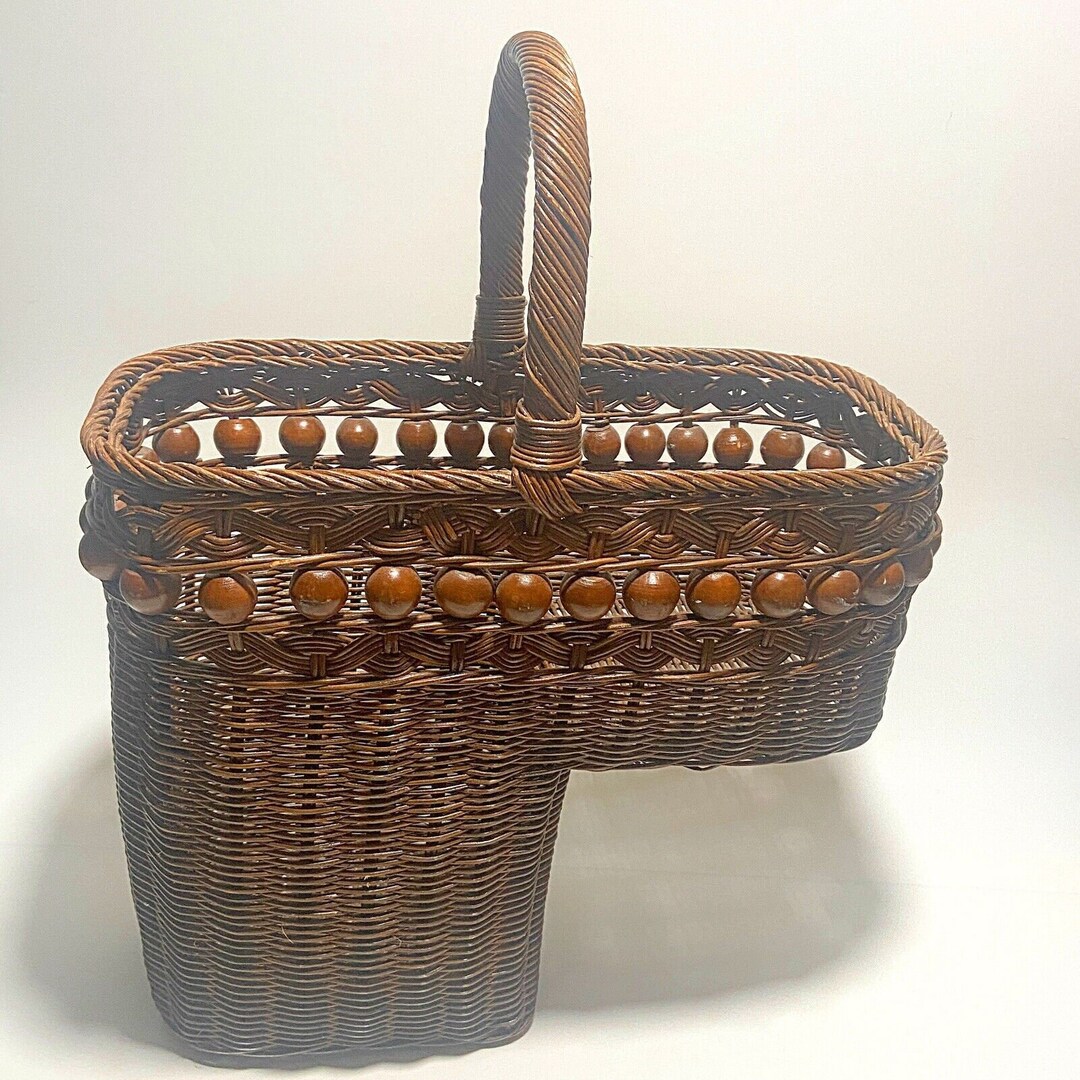 Palecek Stair Step Basket With Handle Brown Wicker Wood Beads Vintage ...