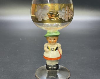 Vtg E&A Bockling Goebel Hummel Wine Goblet Lady In Dirndl Etched Gold Trim Folk