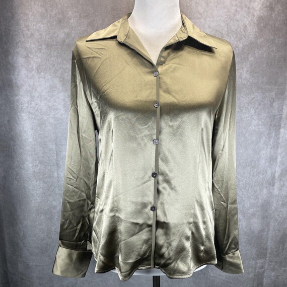 Talbots Silk Blouse Women's Sz 10 Vintage 90's Olive Green Button