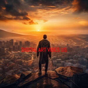 May include: A person stands on a rocky cliff overlooking a city at sunset. The city lights are visible in the distance, and the sky is a vibrant orange and yellow. The text "DIGITAL ART VIBES US" is superimposed on the image.