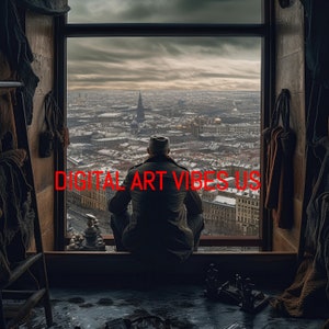 May include: A person sits in a room with a window overlooking a city. The window is framed by a wooden windowsill and the person is wearing a dark jacket. The text "DIGITAL ART VIBES US" is visible in the image.