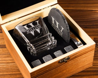 Personalized Whiskey Glasses Set with Wooden Box, Groomsmen Gifts, Best Man Gift, Father Gifts, Boyfriend Gift, Bachelor Party Gifts for Men