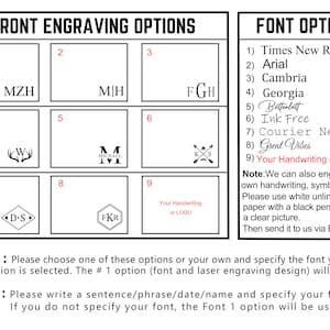 May include: A chart with nine different engraving options for a personalized gift. The options include initials, names, and symbols. The chart also includes a list of nine font options for the engraving. The text on the chart reads "Front Engraving Options" and "Font Options".