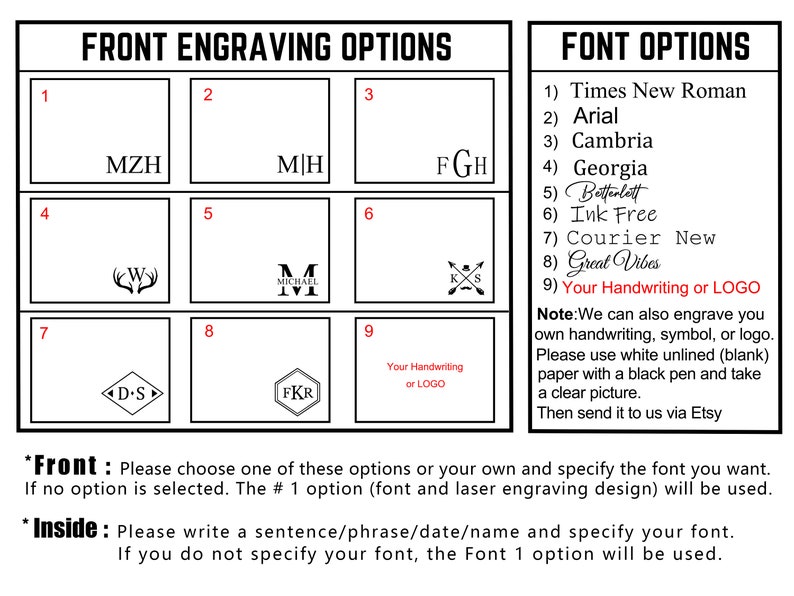 May include: A chart with nine different engraving options for a personalized gift. The options include initials, names, and symbols. The chart also includes a list of nine font options for the engraving. The text on the chart reads "Front Engraving Options" and "Font Options".
