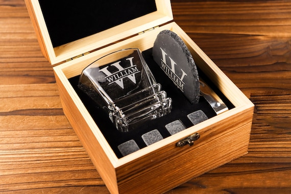 Personalized Whiskey Glasses Set with Wooden Box, Groomsmen Gifts, Best Man Gift, Father Gifts, Boyfriend Gift, Bachelor Party Gifts for Men