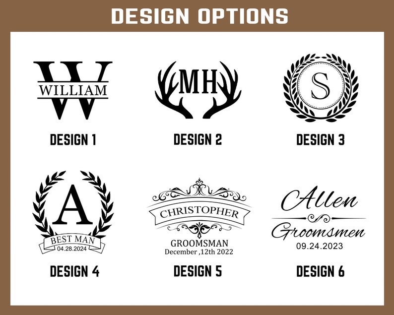 Puede incluir: Seis dise&ntilde;os diferentes para un regalo personalizado. Los dise&ntilde;os presentan una variedad de fuentes, estilos y gr&aacute;ficos, incluyendo un monograma, una cabeza de ciervo, una corona, una pancarta y una fuente de escritura. Los dise&ntilde;os son perfectos para una boda, un aniversario u otra ocasi&oacute;n especial.