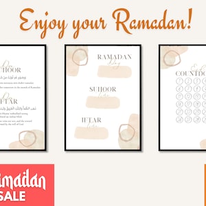 May include: Three printable Ramadan themed posters with a beige and brown colour scheme. The first poster features Arabic text and English translations for the daily prayers of Suhoor and Iftar. The second poster is a simple calendar with the words "Ramadan Day" and spaces to write in the dates for Suhoor and Iftar. The third poster is a Ramadan countdown calendar with the numbers 1 through 30.