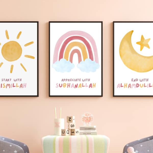 Set of islamic wall art prints for kids children, muslim nursery print islamic nursery poster girls room decor wall art pink boho gift