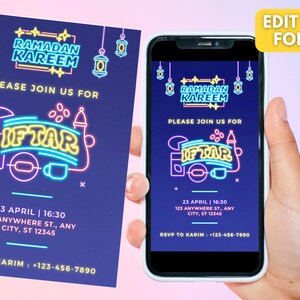 Editable Eid party invitation template, eid invite, Iftar party invitation Ramadan Printable template Iftar eid invitation phone neon