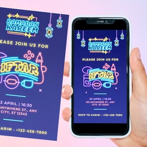 Editable Iftar party invitation template, Iftar dinner invitation Ramadan Printable template Iftar invitation editable template phone neon