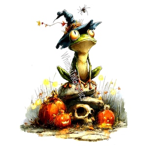Whimsical Witch Frogs and Skulls Spooky Clipart, 15 JPG White Background, Digital Download High Quality Halloween Graphics Sublimation Print