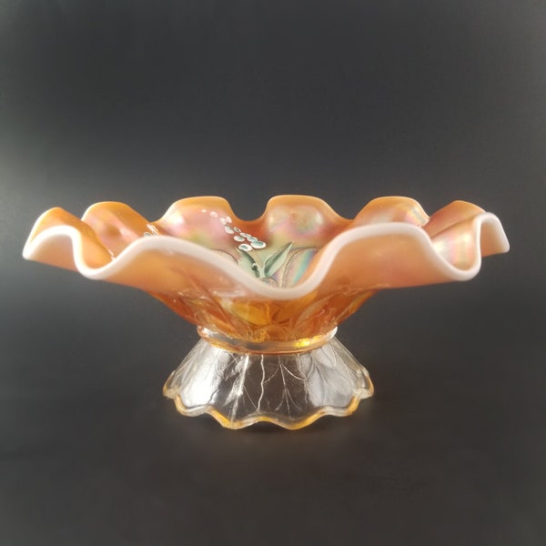 Dugan Stippled Petals Hand Painted Lily of the Valley Flowers, Glass Bowl Peach Opalescent, Ruffled Rim, Pedestal Stand, Antique