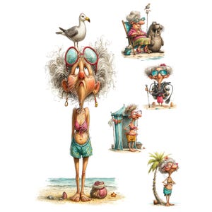 May include: A whimsical illustration depicts an elderly person in various beach scenarios. One image shows the person with a seagull on their head, wearing a pink bikini top and blue shorts. Other scenes include the person sunbathing, scuba diving, and standing by a beach tent.