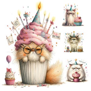 May include: A collection of watercolor illustrations featuring grumpy cats celebrating birthdays. One cat is inside a cupcake with candles, wearing glasses and a party hat. Other images show cats with cupcakes and birthday cakes.