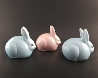 Vintage Ceramic Chubby Rabbit Bunny Cottontail Figurines Set of 3 Taiwan MCM