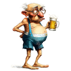 Könnte beinhalten: Cartoon-Illustration eines alten Mannes mit Brille und blauer Latzhose, der einen großen Bierkrug hält. Das Bier hat eine Schaumkrone. Der Mann hat eine große Nase und ist barfuß.