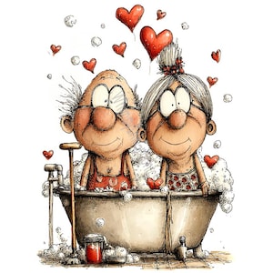 Puede incluir: Una ilustración caprichosa representa a una pareja de ancianos en una bañera vintage llena de burbujas. Están sonriendo, rodeados de globos rojos con forma de corazón flotantes y burbujas de jabón. La pareja lleva trajes de baño con diseños de corazones. Un tarro de líquido rojo y una botella están al lado.