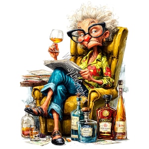 Happy Hour Grandma Clipart, Funny Whimsical Old Lady, 16 JPG White Background High Quality Digital Download Prints Sublimation Tshirts Cards