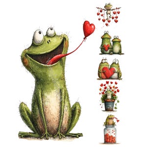 Pode incluir: Uma ilustração fantasiosa apresenta um sapo verde sorridente com uma longa língua vermelha, segurando um balão em forma de coração vermelho. Imagens adicionais mostram sapos com corações, em um pote e com arranjos florais.