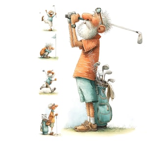 May include: Watercolor illustration of an elderly golfer in an orange striped shirt and blue shorts, swinging a golf club. A golf bag with clubs is next to him. Smaller illustrations show the golfer in various poses. The overall theme is golf.