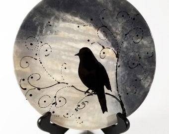 Studio Art Pottery Plate Black Raven Crow Blackbird Ceramic Painted Swirls Bird