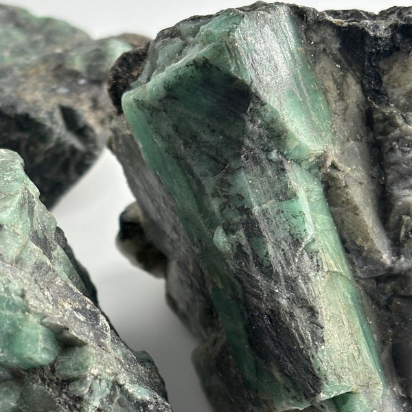 Large Raw Emerald YOU PICK, Rough Green Emerald Crystal Mineral Specimens with Black Biotite and Quartz Matrix