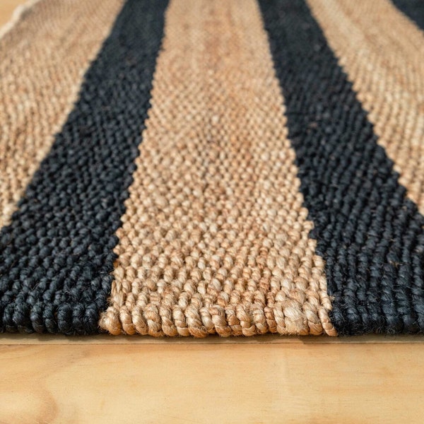 Alfombra de yute natural con rayas negras para sala de estar, alfombra grande de sisal para dormitorio, comedor, alfombras de pasto marino tejidas a mano resistentes, alfombra larga para pasillo