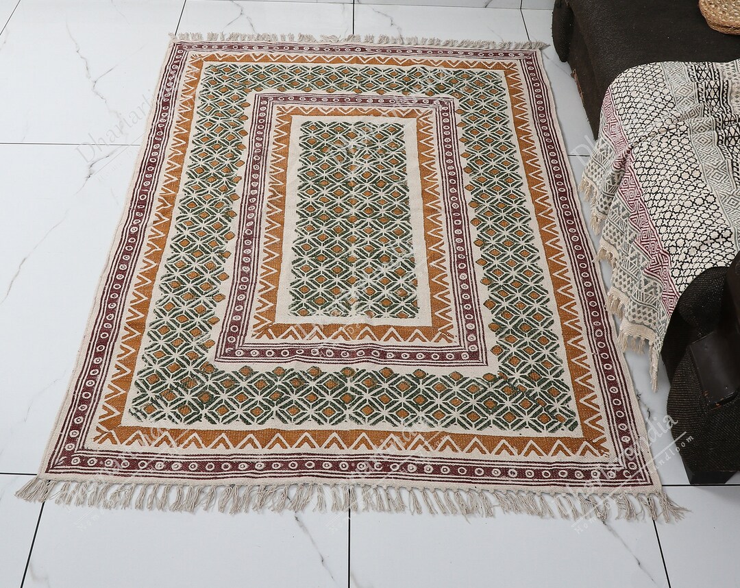 Hand Block Print Cotton Rug Dhurrie, Indian Boho Rug, Rugs for Living ...