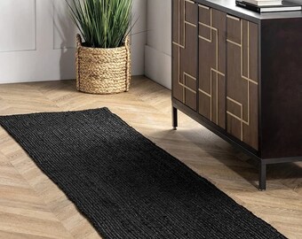 Black Natural Jute Rug-Braided Jute Rugs-Hallway Jute Runner-Runner Rug-Jute Runner-Custom Size Rute Runner