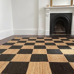 Solid Jute Rug | Custom size jute rug Area Rug, Checker mat, Jute Braided Area Rug, Black & Natural Dhurrie Size 8x10, 9x12, 10x14, 5x7 Ft
