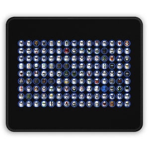 May include: Black rectangular mouse mat featuring a grid of over 100 circular images of clone trooper helmets. Each helmet has a unique design and colour scheme, set against a blue circle. The mouse mat has a black border.