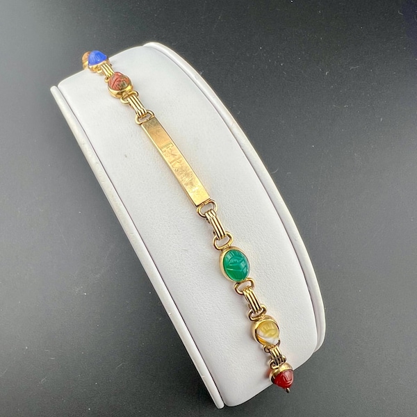 Vintage Scarab Beetle Bracelet, 12K Gold Filled, Egyptian Revival Jewelry, Semi-Precious Stones