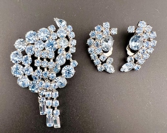 Vintage Rhinestone Brooch and Clip Earrings Set, Light Blue Crystal, Silver Tone Rhodium Plated