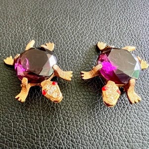 Vintage Turtle Pins, Duette Brooches, Purple Colored Glass Jelly Belly Tortoises Gold Tone Setting