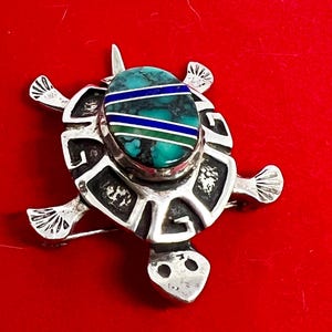 Vintage Southwest Turtle Pin, Pendant, Brooch, Semi-Precious Inlaid Stones, Collectable, Mid Century Jewelry, Gift for Her, Gift Idea