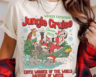 Retro jungle cruise-rit achterkant van water kerstshirt, Mickey & Friends Jingle Cruise-T-shirt, Disneyland familie kerstcadeaus vakantie