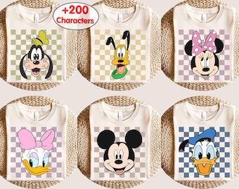Camiseta vintage personalizada de Mickey y sus amigos a cuadros, camiseta de regalo de cumpleaños, camiseta a juego para viaje familiar a Disneyland, regalo para fiesta de cumpleaños en WDW