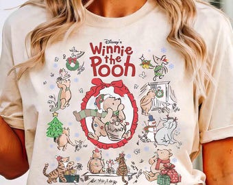 Maglietta natalizia con fiocco di Winnie the Pooh e Winnie the Pooh ad acquerello, maglietta natalizia con Pooh, Tigro, Ih-Oh e Pimpi, maglietta coordinata per la famiglia Disneyland