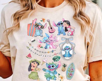 Camiseta de acuarela de Lilo y Stitch con lazos coquetos, camiseta de Disney "Ohana Family Means", camiseta de Magic Kingdom, camiseta de Disneyland, viaje a Disney para mujeres.