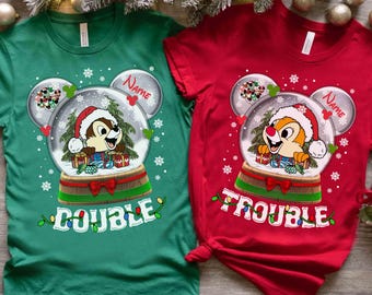 Disney Couple Santa Chip N Dale Double Trouble Globe Christmas T-Shirt, Mickey_s Very Merry Xmas Matching Tee, Disneyland Holiday Trip Gift