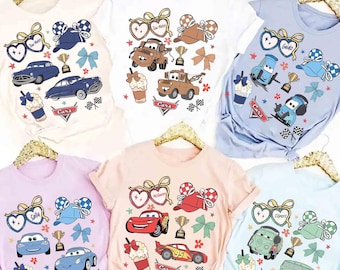 Retro Coquette Bows Disney Cars shirt, Lightning McQueen Mater Doc Hudson Sally Carrera Birthday Cars Family Shirt, Disney Girl Trip Shirt