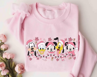 Disney kersttrui met roze lichten, schattig roze kerstshirt Mickey en zijn vrienden, Disney Mickey's Very Merry Christmas Party 2026-cadeaus