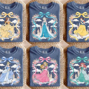 May include: Six blue t-shirts featuring Disney princesses. Each shirt has a princess graphic surrounded by a floral wreath and ribbon. The princesses include Belle, Elsa, Snow White, Cinderella, Aurora, and Ariel.