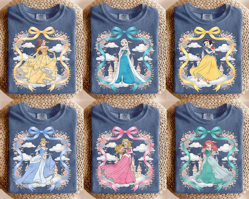 May include: Six blue t-shirts featuring Disney princesses. Each shirt has a princess graphic surrounded by a floral wreath and ribbon. The princesses include Belle, Elsa, Snow White, Cinderella, Aurora, and Ariel.