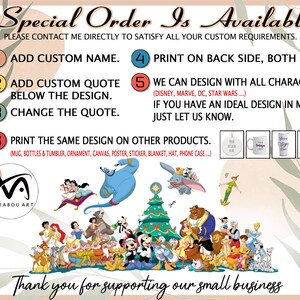 May include: Promotional graphic for custom products. Text reads "Special Order Is Available" with instructions to add custom names, quotes, and designs. Features Disney characters and product examples like mugs and ornaments. Includes a thank you message.