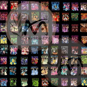 Pu&ograve; includere: Una collezione di grafiche colorate con vari personaggi e cattivi Disney. Ogni design include nomi e immagini di personaggi, come Lotso, Ade e Minnie. I design sono disposti in formato griglia, con il testo "MARABOU ART" visibile.