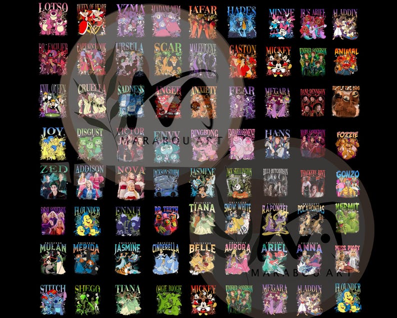 Pu&ograve; includere: Una collezione di grafiche colorate con vari personaggi e cattivi Disney. Ogni design include nomi e immagini di personaggi, come Lotso, Ade e Minnie. I design sono disposti in formato griglia, con il testo "MARABOU ART" visibile.