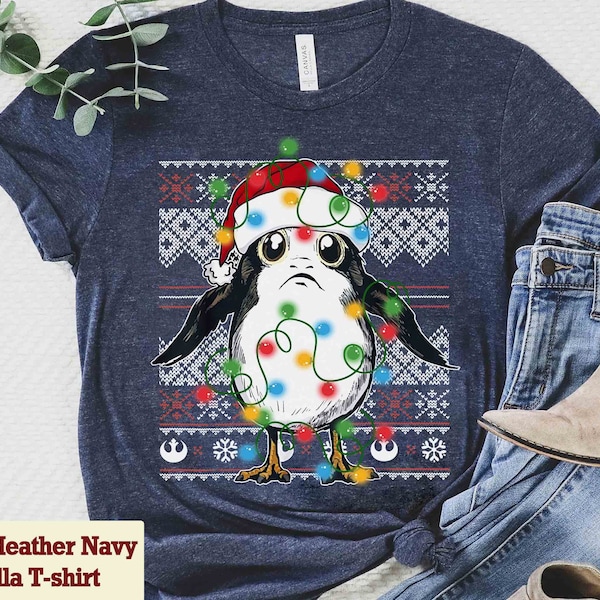 Cute Santa Porg Ugly Sweater Christmas Light T-Shirt, Funny Star Wars Characters Xmas Party Matching Tee, Disneyland Vacation Gift